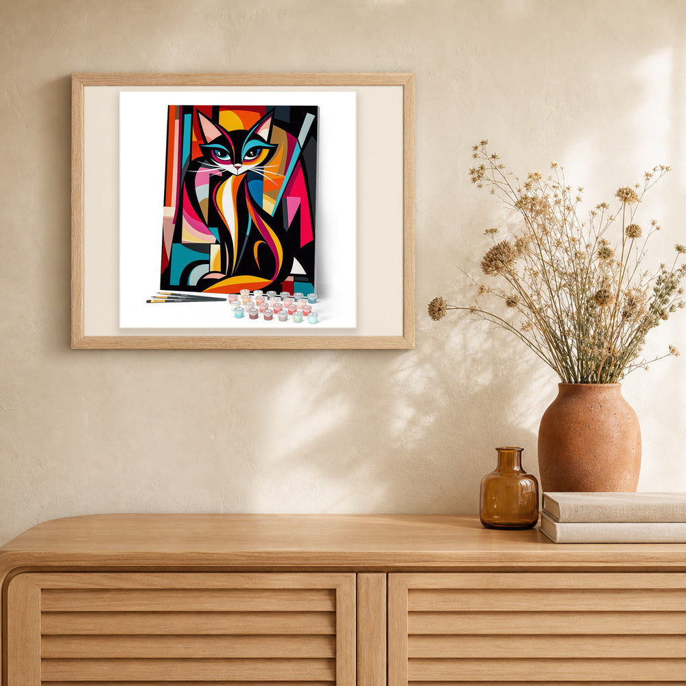 Bold Abstract Cat artwork displayed in a warm interior