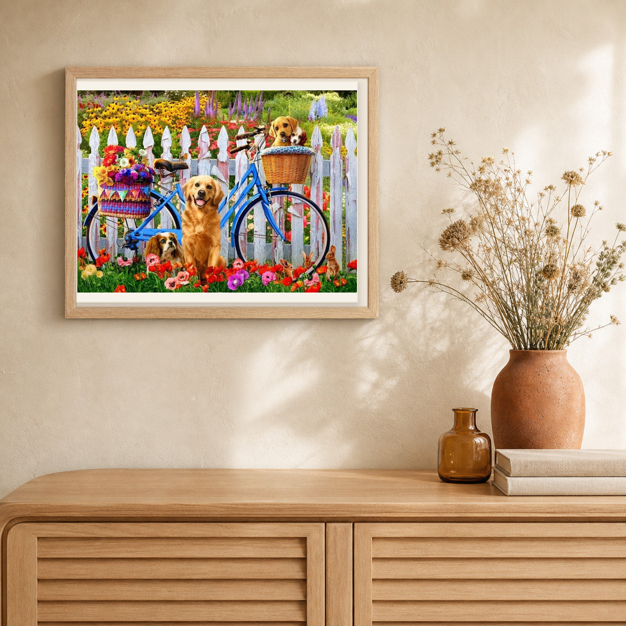 Dogs and Bicycles artwork displayed in a warm interior