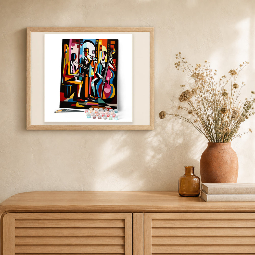 Bold Abstract Jazz Band artwork displayed in a warm interior