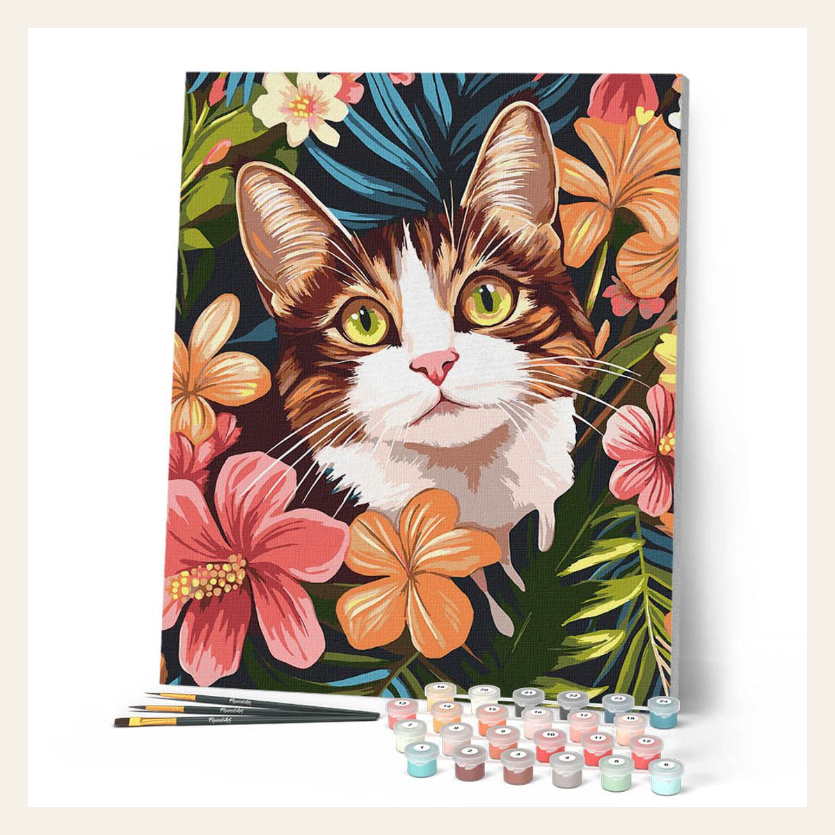 Cat with Tropical Flowers finished paint by numbers artwork