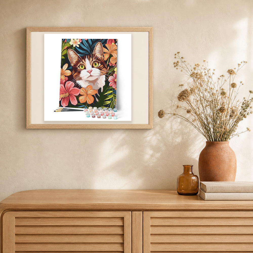 Cat with Tropical Flowers artwork displayed in a warm interior
