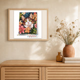 Cat with Tropical Flowers artwork displayed in a warm interior