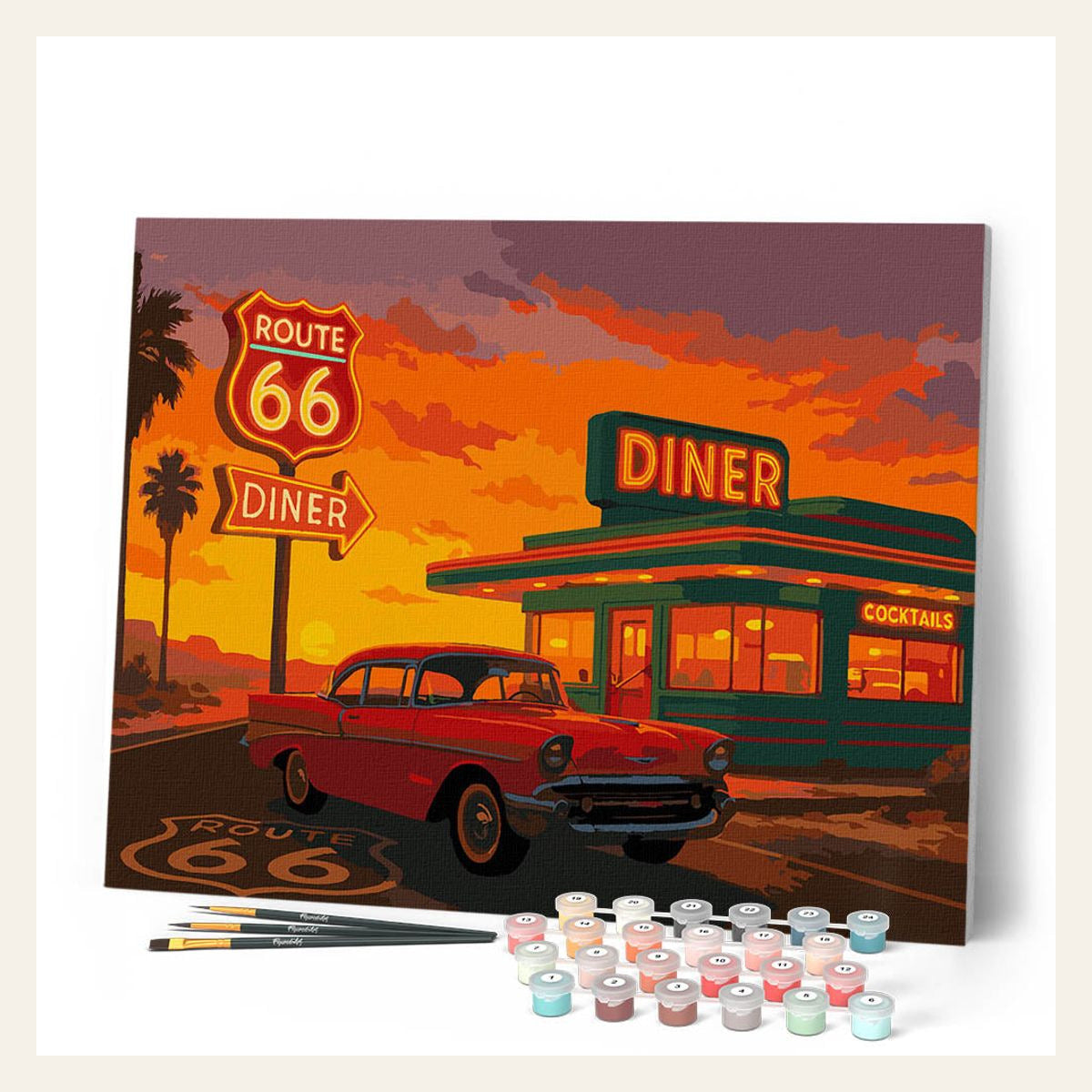 The Diner and Vintage Car finished paint by numbers artwork