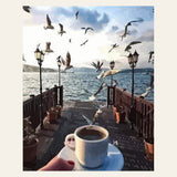 Coffee and Seagulls at waterfront finished paint by numbers artwork