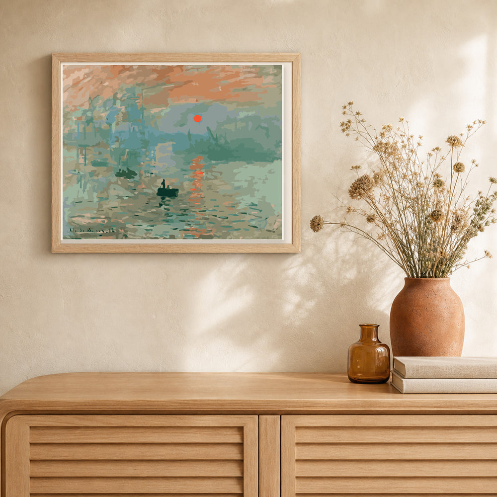 Monet Sunrise artwork displayed in a warm interior