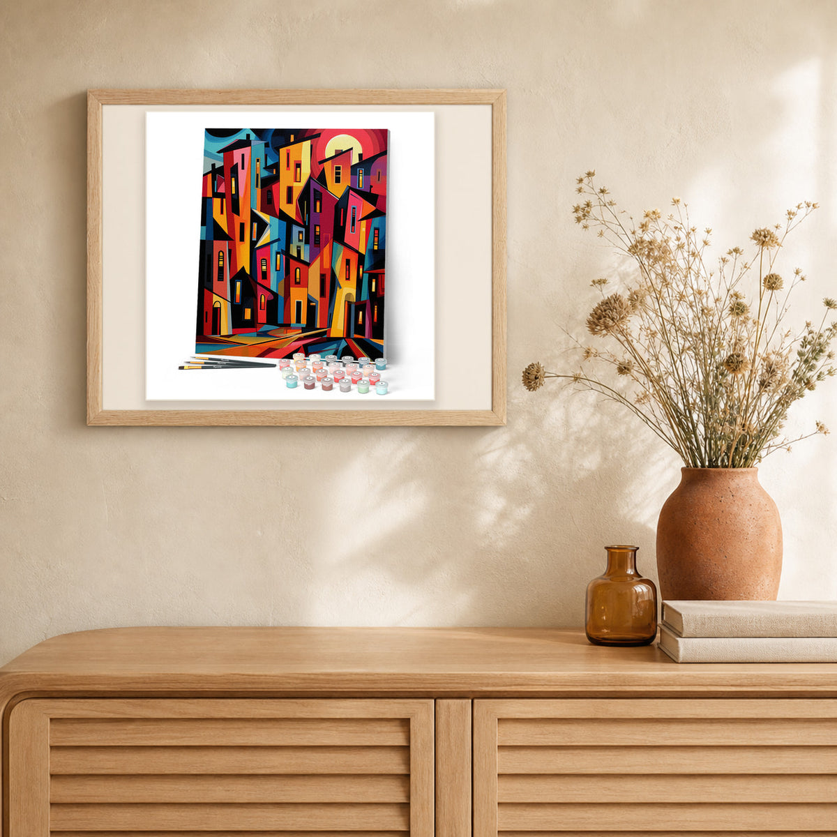 Bold Abstract Buildings artwork displayed in a warm interior