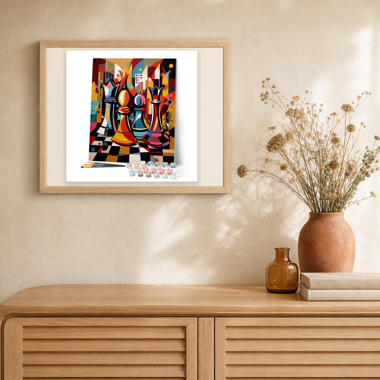 Bold Abstract Chessboard artwork displayed in a warm interior