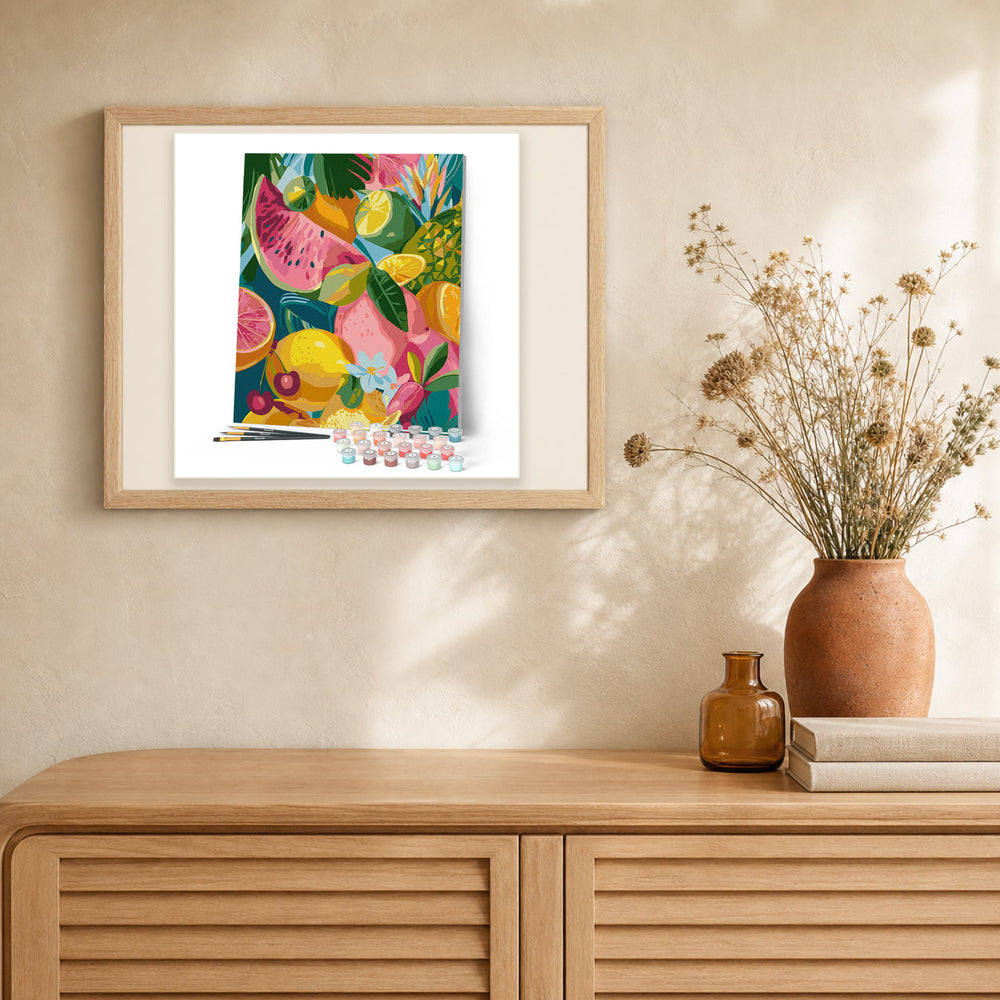 Tropical Fruit Mix artwork displayed in a warm interior