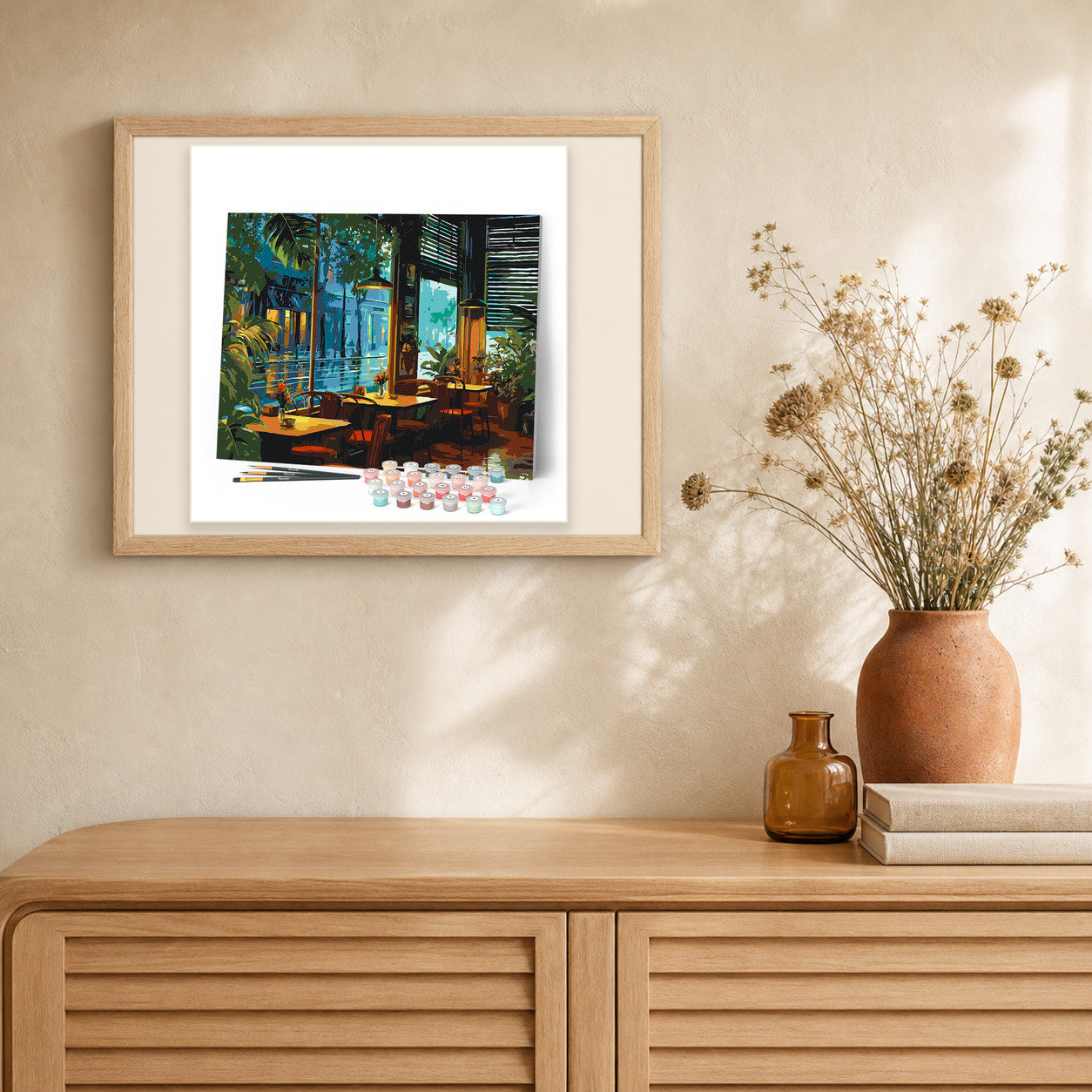 Rainy Day Cafe artwork displayed in a warm interior