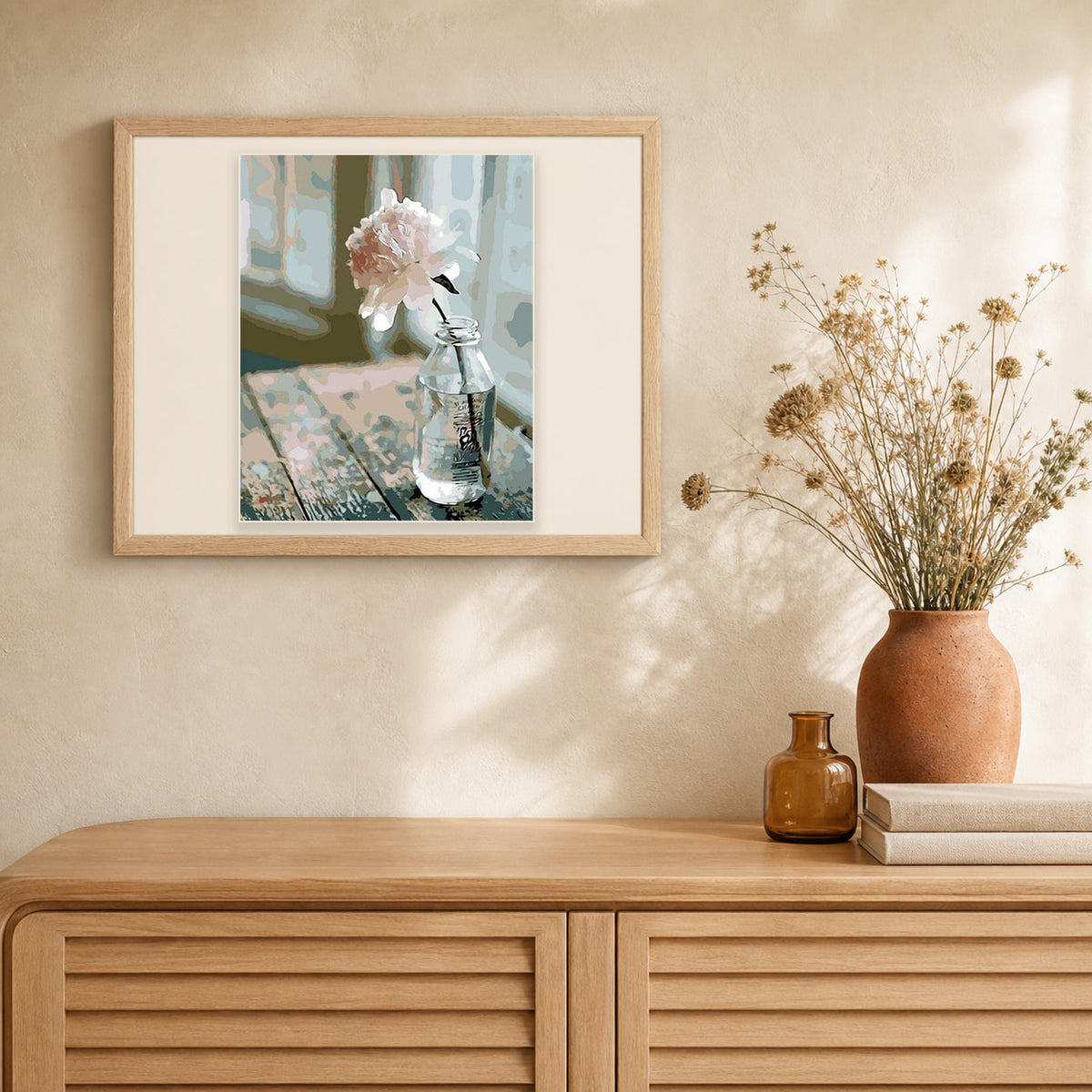 White Flower artwork displayed in a warm interior