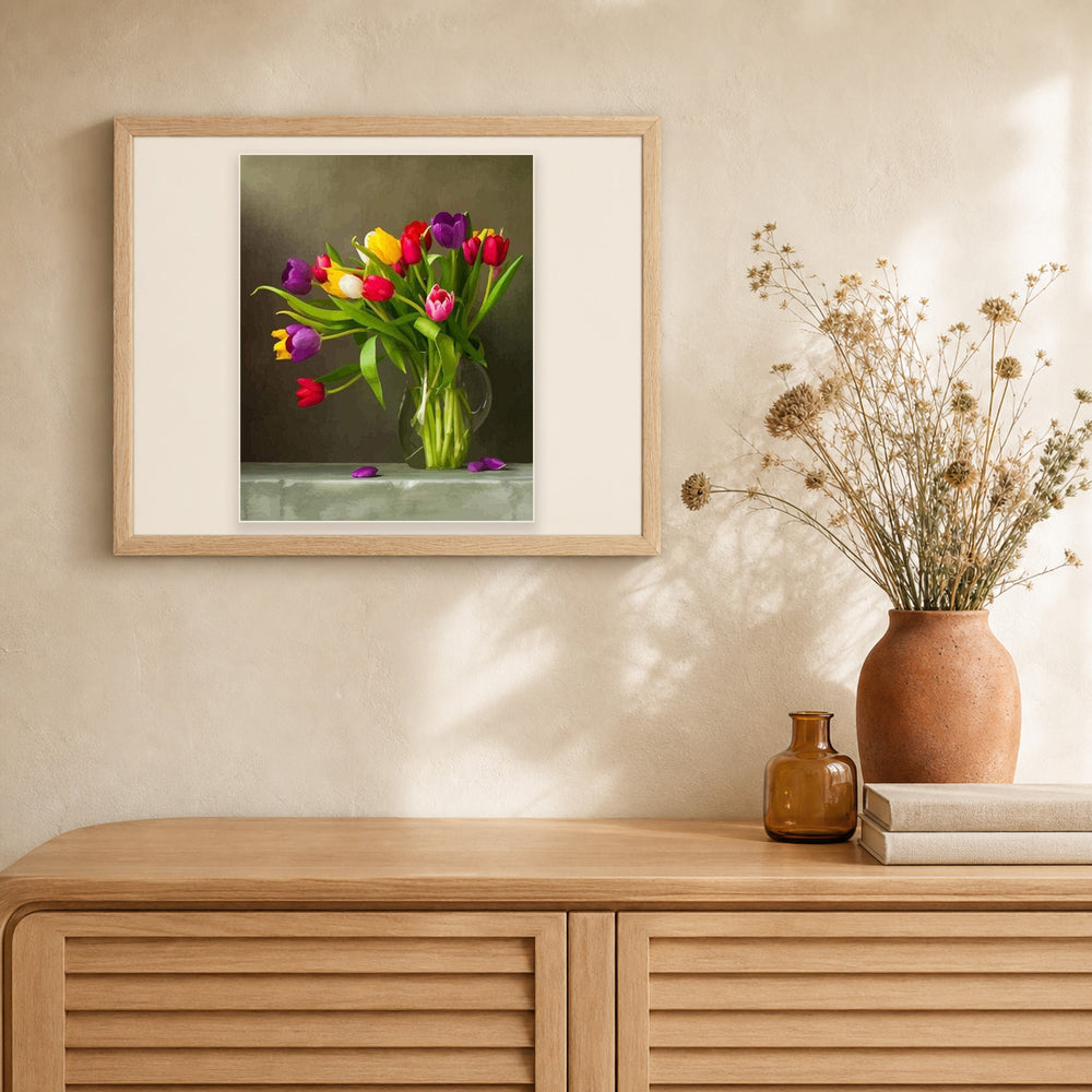 Multicolored Flowers artwork displayed in a warm interior