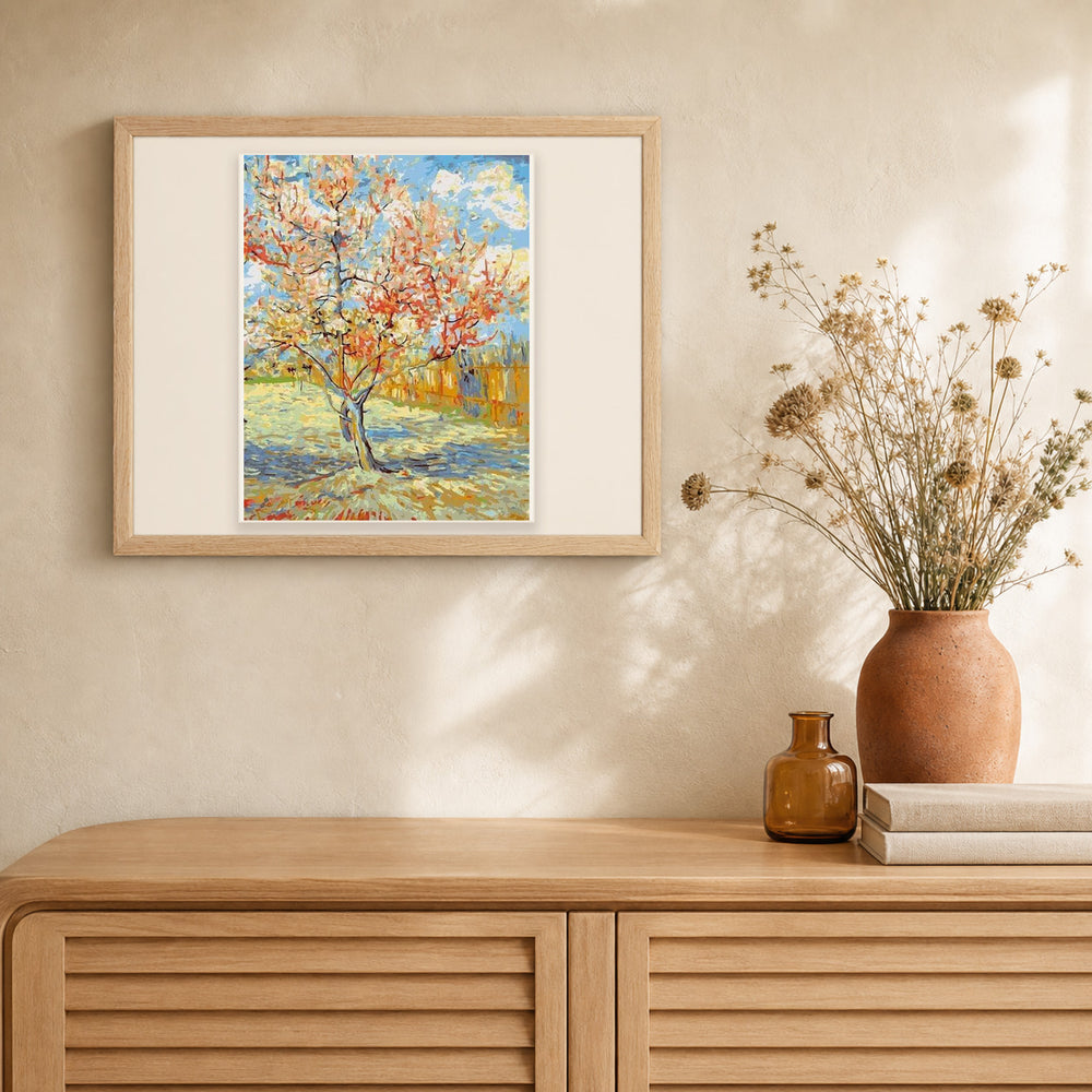 Van Gogh The Pink Peach Tree artwork displayed in a warm interior