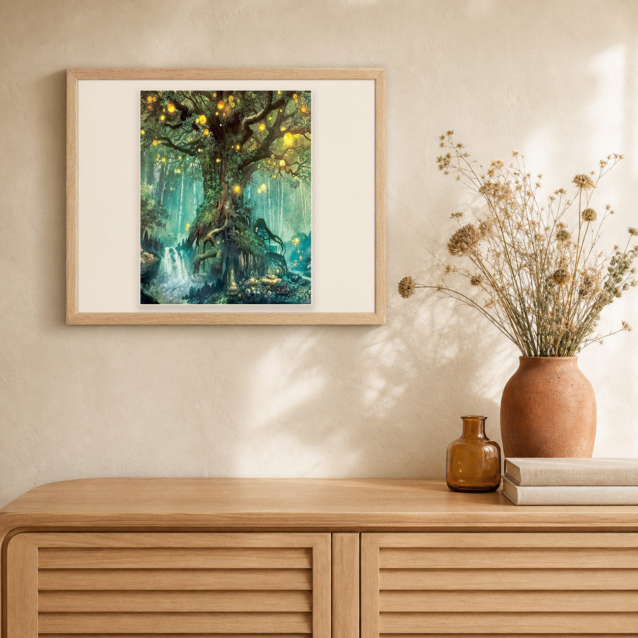 Fairy tree artwork displayed in a warm interior