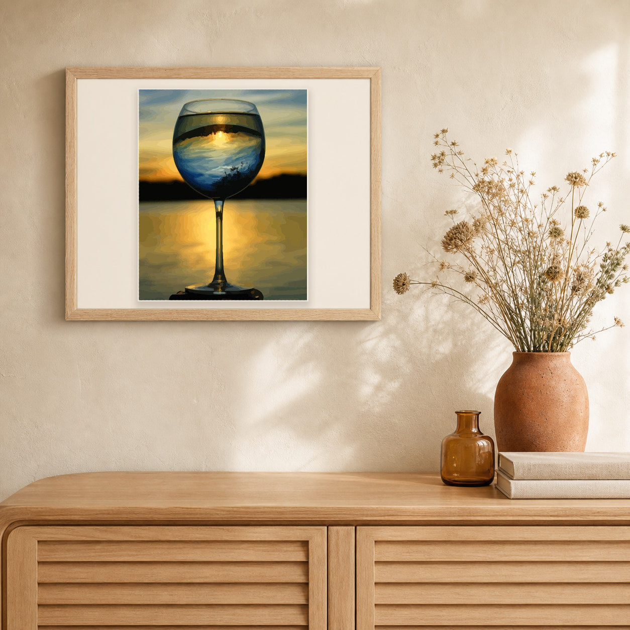 Wine Glass and Nice View artwork displayed in a warm interior