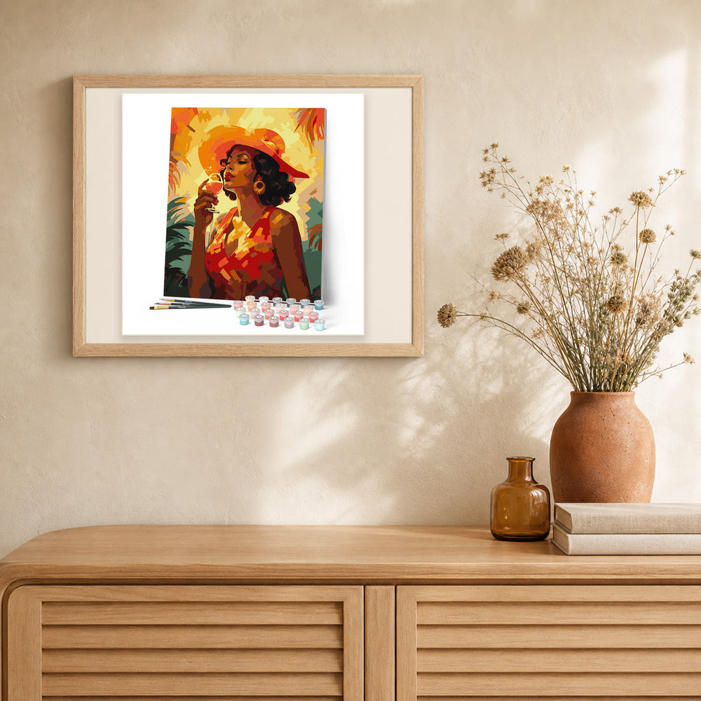 Art Deco Woman with a Glass artwork displayed in a warm interior