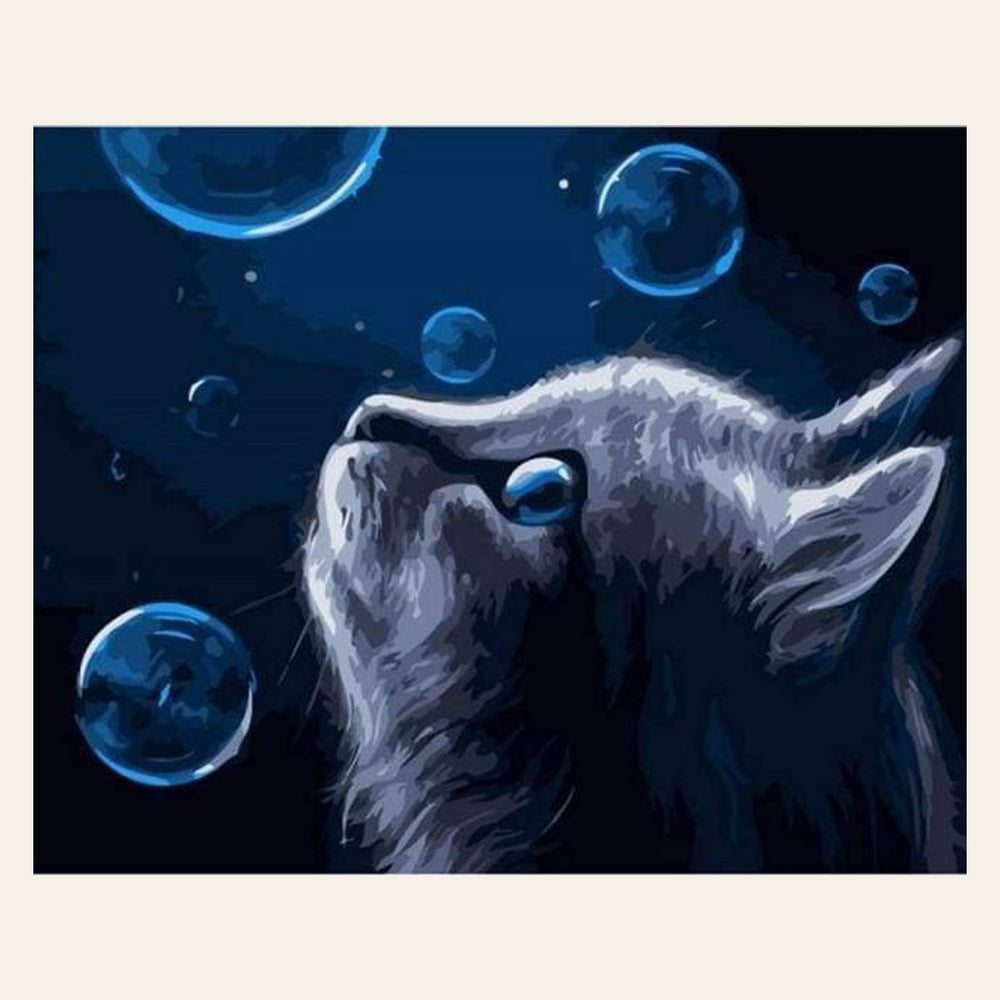 Blue Cat and Bubbles finished paint by numbers artwork