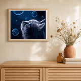 Blue Cat and Bubbles artwork displayed in a warm interior