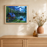 Nocturnal lake artwork displayed in a warm interior