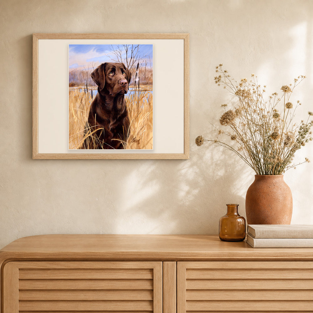 Labrador artwork displayed in a warm interior