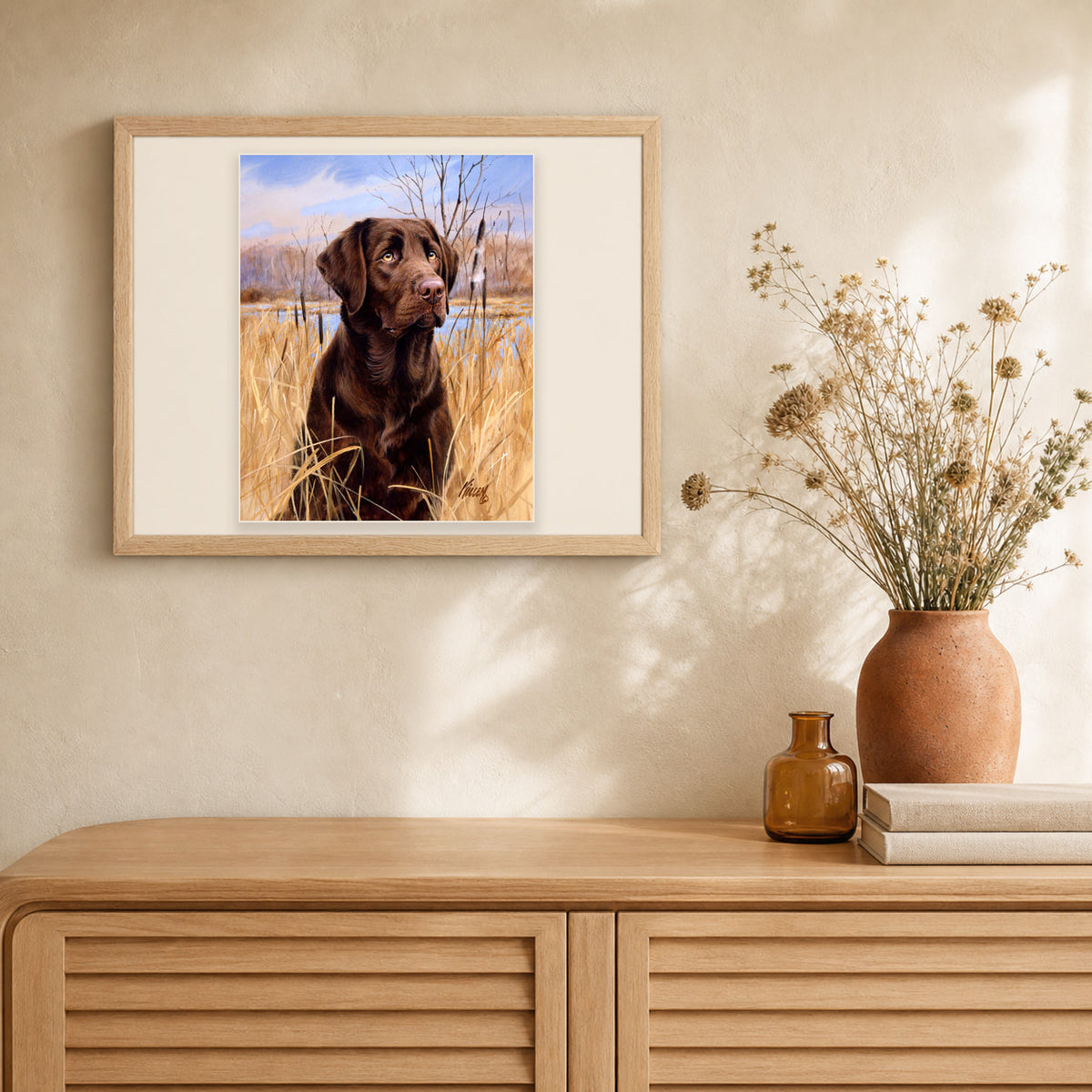 Labrador artwork displayed in a warm interior