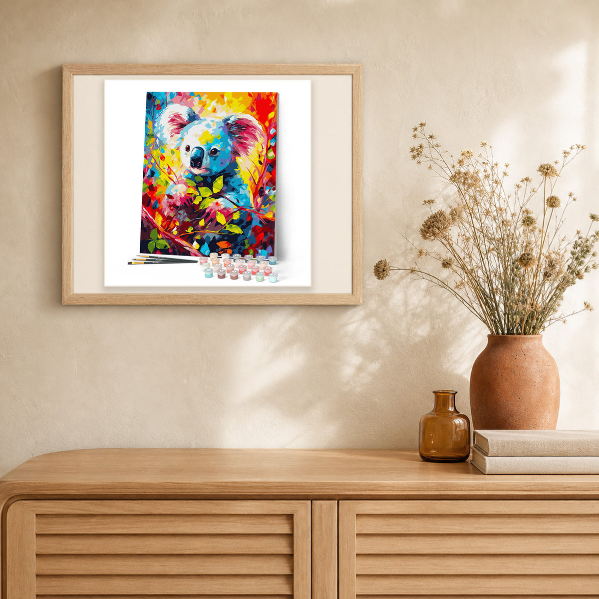 Colorful Abstract Koala artwork displayed in a warm interior