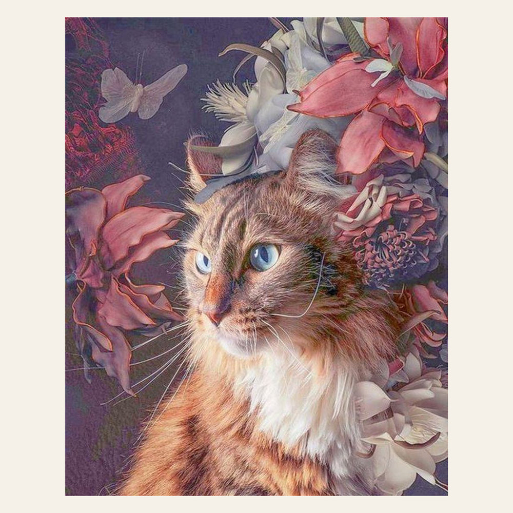 Cat with Flowers and Butterfly finished paint by numbers artwork