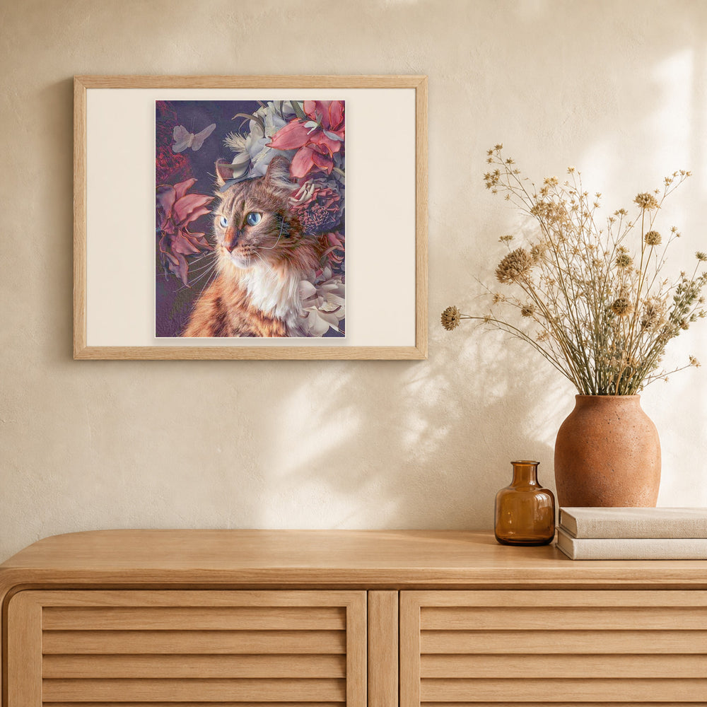 Cat with Flowers and Butterfly artwork displayed in a warm interior
