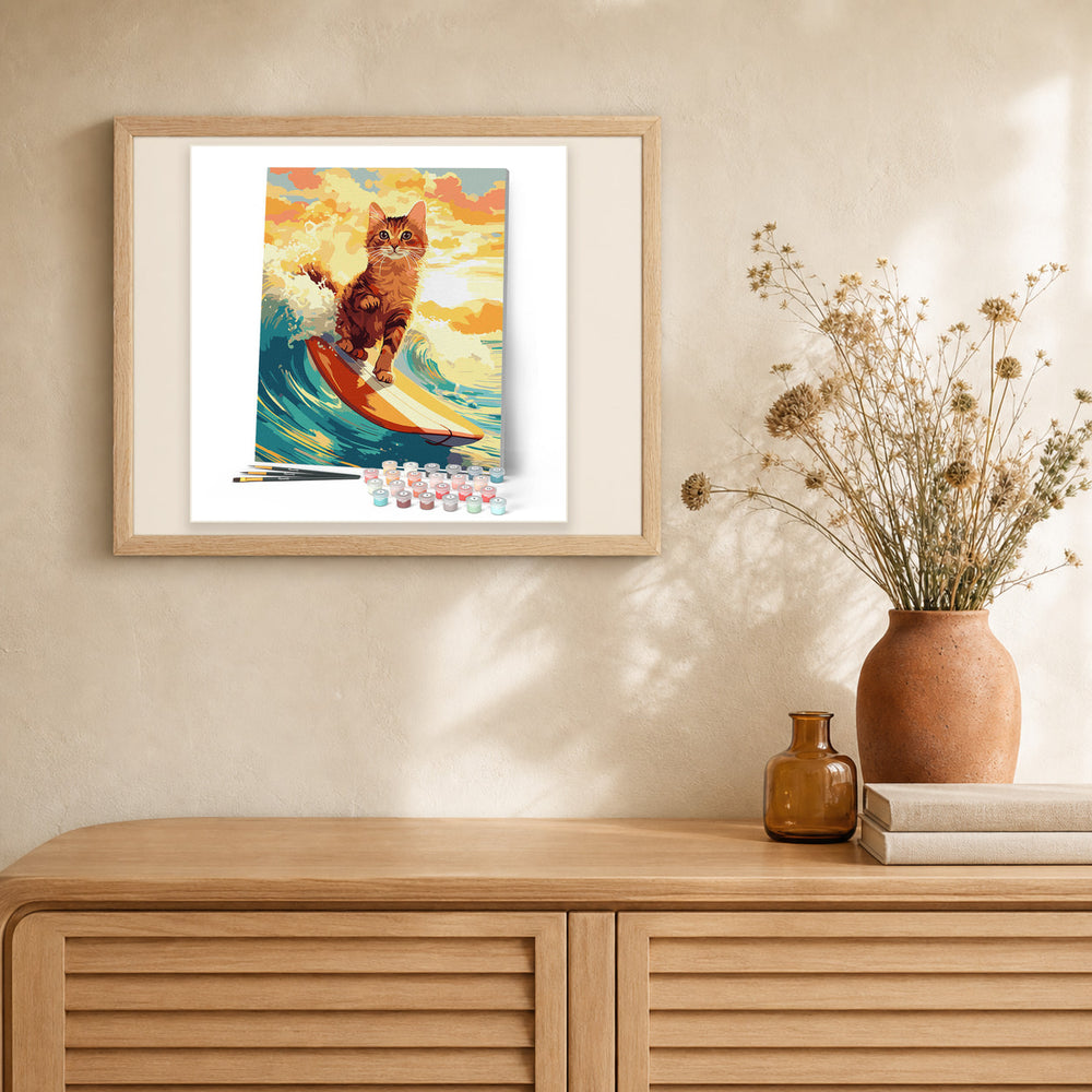 Surfing Cat artwork displayed in a warm interior