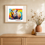 Colorful Abstract Rhinoceros artwork displayed in a warm interior