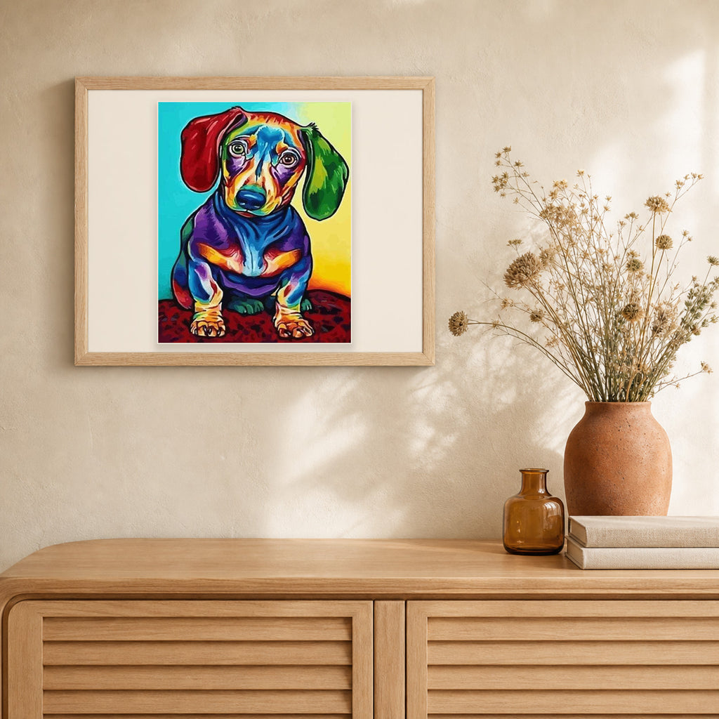 Dog Color Red and Green Ears artwork displayed in a warm interior