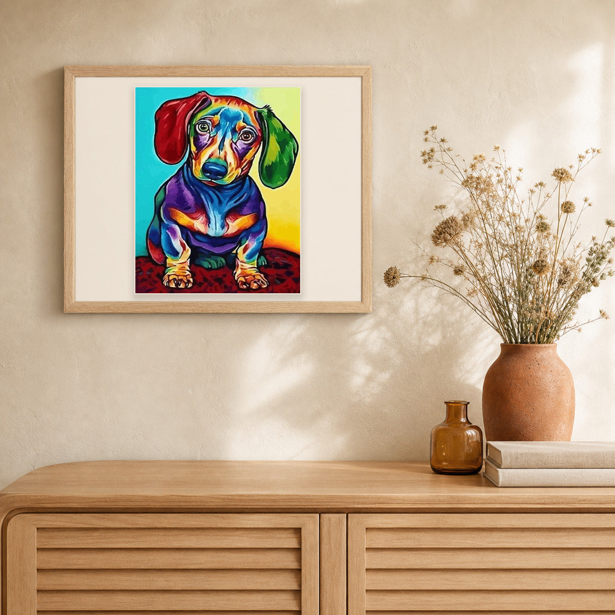 Dog Color Red and Green Ears artwork displayed in a warm interior