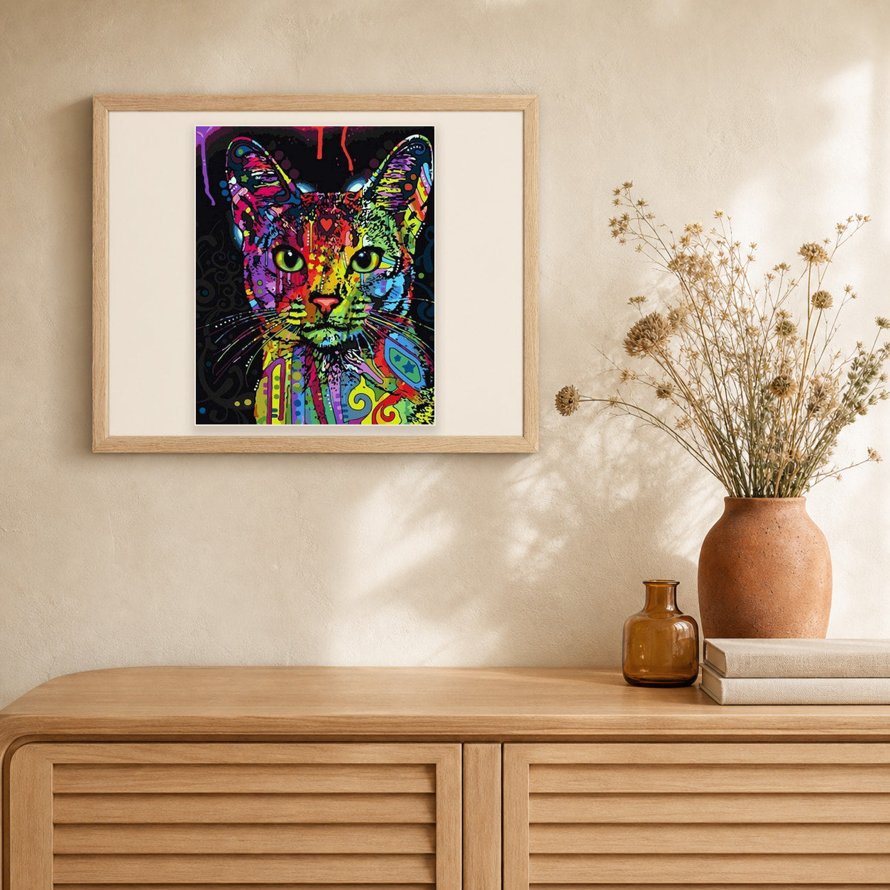 Fractal Modern Cat artwork displayed in a warm interior