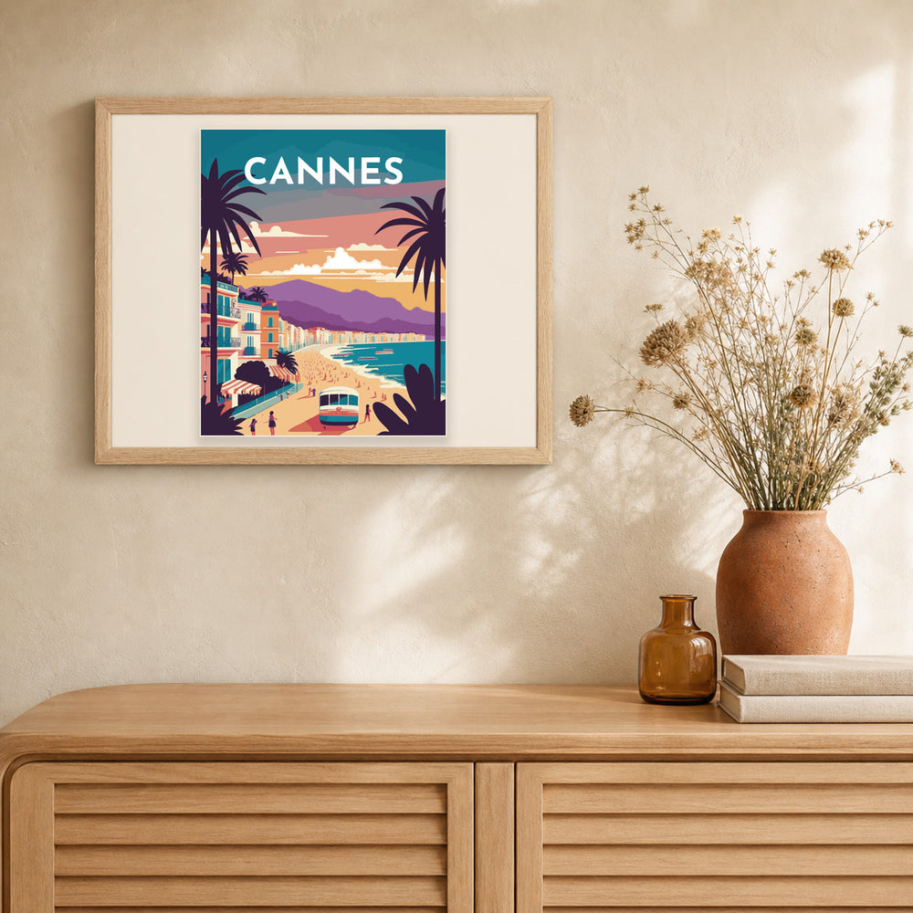 Travel Poster Cannes artwork displayed in a warm interior