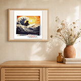 The Great Wave of the Black Cat artwork displayed in a warm interior