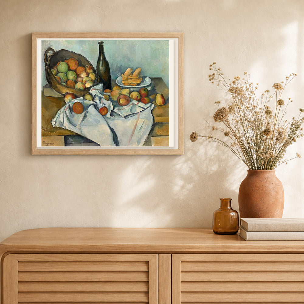 Wine Bottle and Fruits artwork displayed in a warm interior