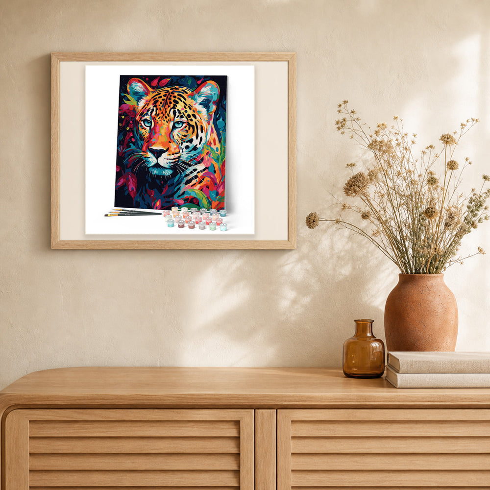 Colorful Abstract Leopard artwork displayed in a warm interior