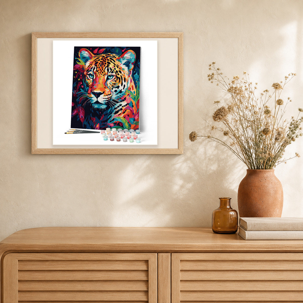 Colorful Abstract Leopard artwork displayed in a warm interior