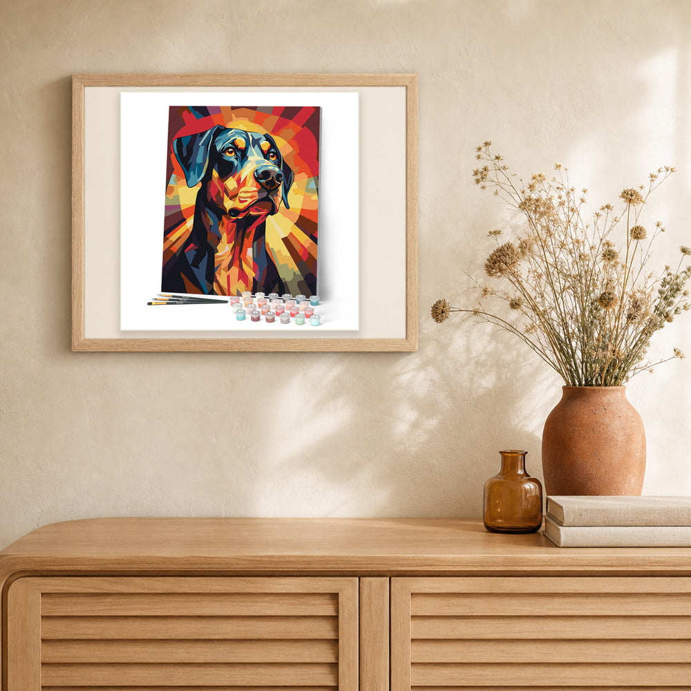 Art Deco Dog artwork displayed in a warm interior