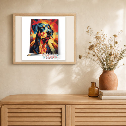 Art Deco Dog artwork displayed in a warm interior