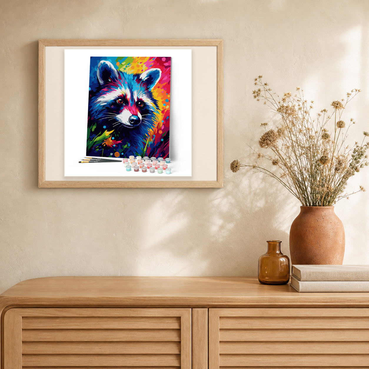 Colorful Abstract Raccoon artwork displayed in a warm interior