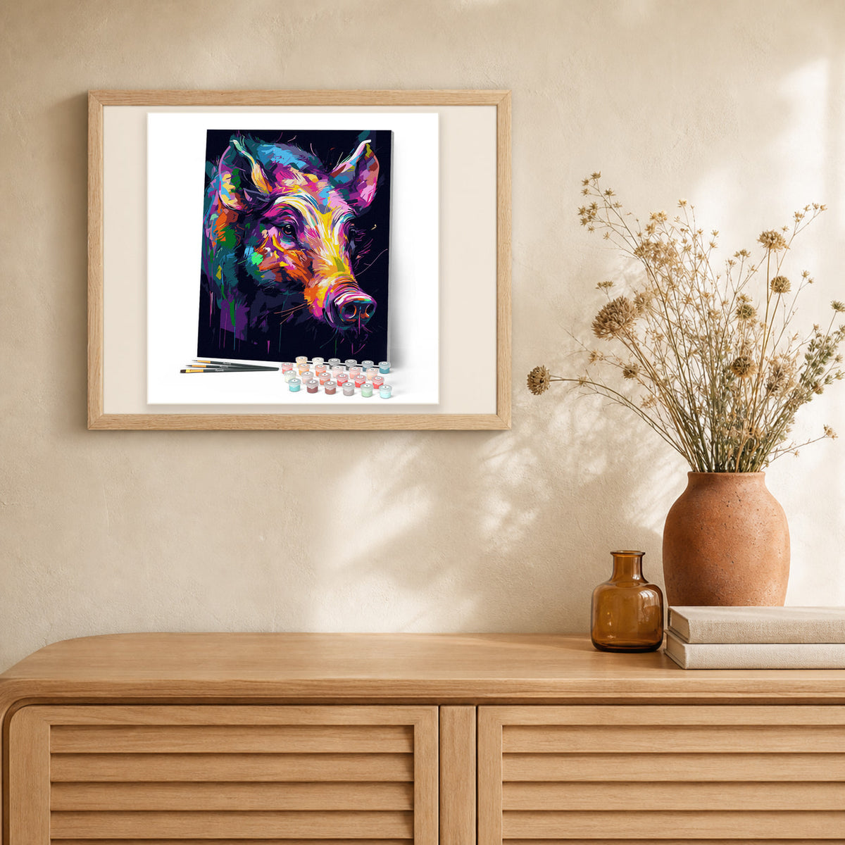 Colorful Abstract Wild Boar artwork displayed in a warm interior