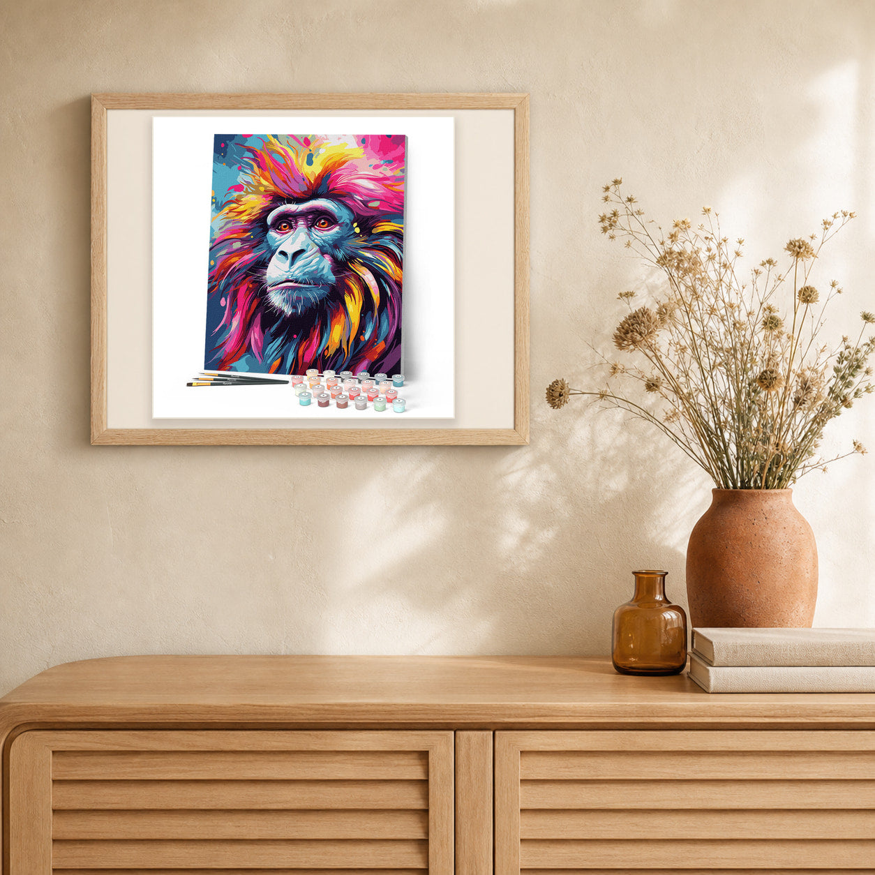 Colorful Abstract Baboon artwork displayed in a warm interior