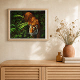 Tiger In Ferns artwork displayed in a warm interior