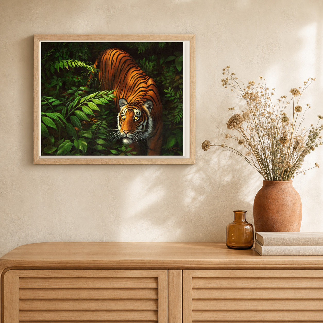 Tiger In Ferns artwork displayed in a warm interior