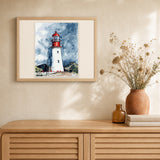 Lighthouse under a Cloudy Sky artwork displayed in a warm interior