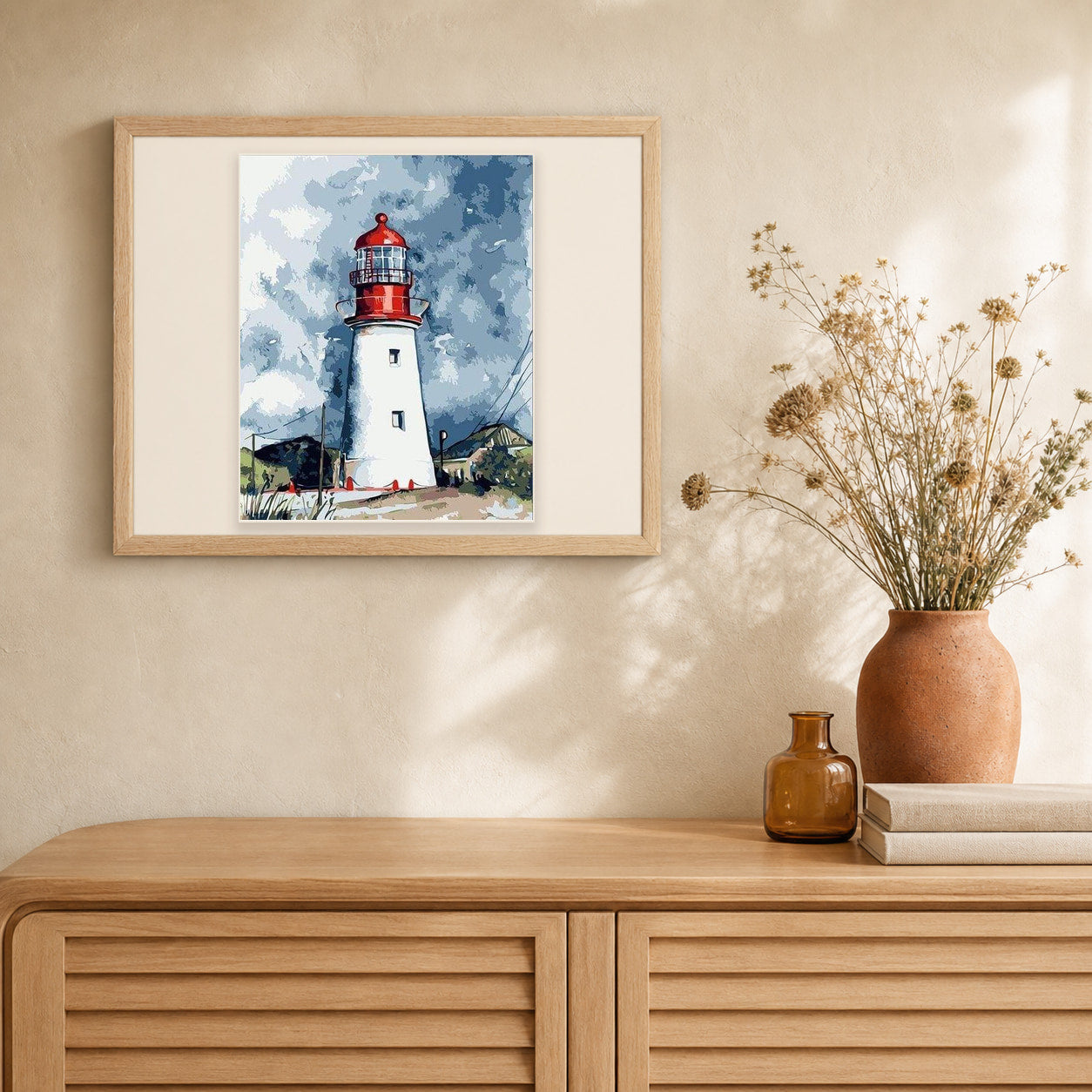 Lighthouse under a Cloudy Sky artwork displayed in a warm interior