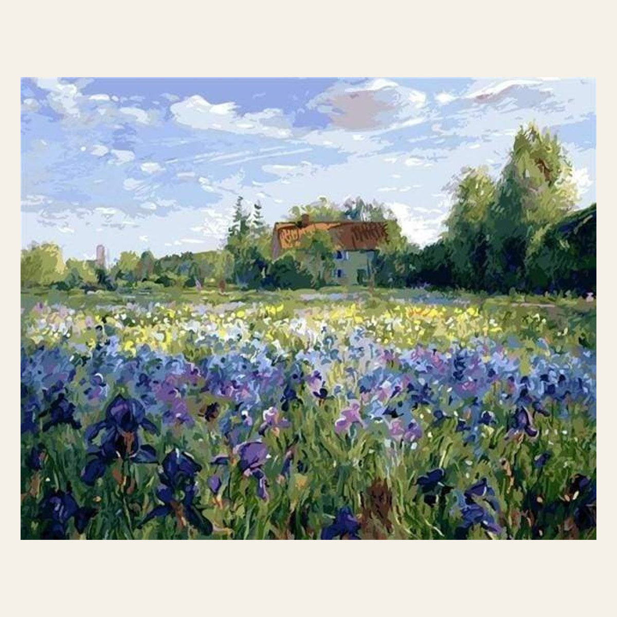 Countryside field and Blue Flowers finished paint by numbers artwork