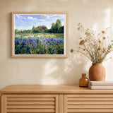 Countryside field and Blue Flowers artwork displayed in a warm interior