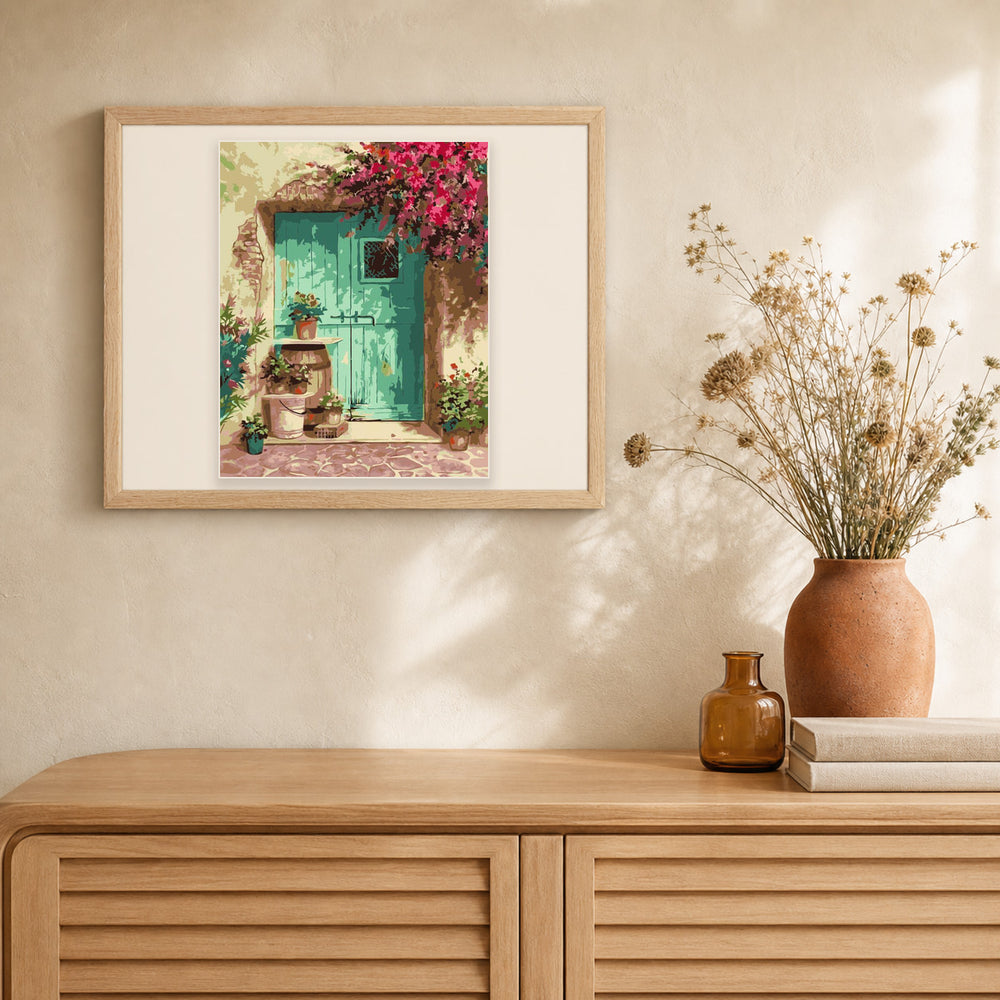 Green Door artwork displayed in a warm interior