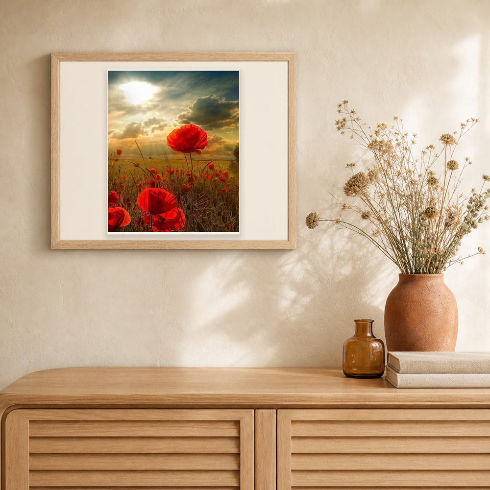 Red Flowers and Sunlight artwork displayed in a warm interior